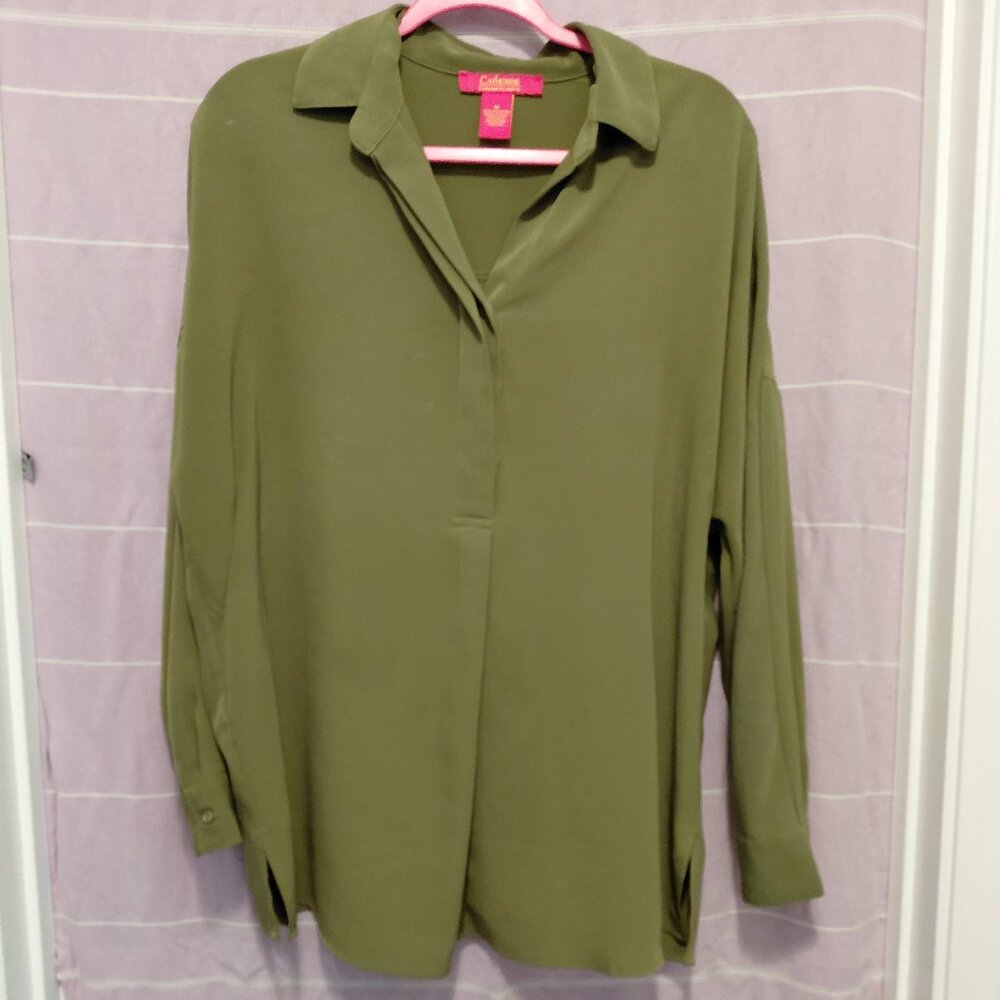 Green Baggy Collared Business Casual Blouse Top